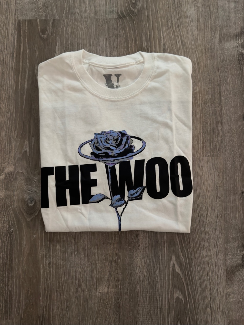 VLONE White Tee with Black Text and Blue Rose Graphic